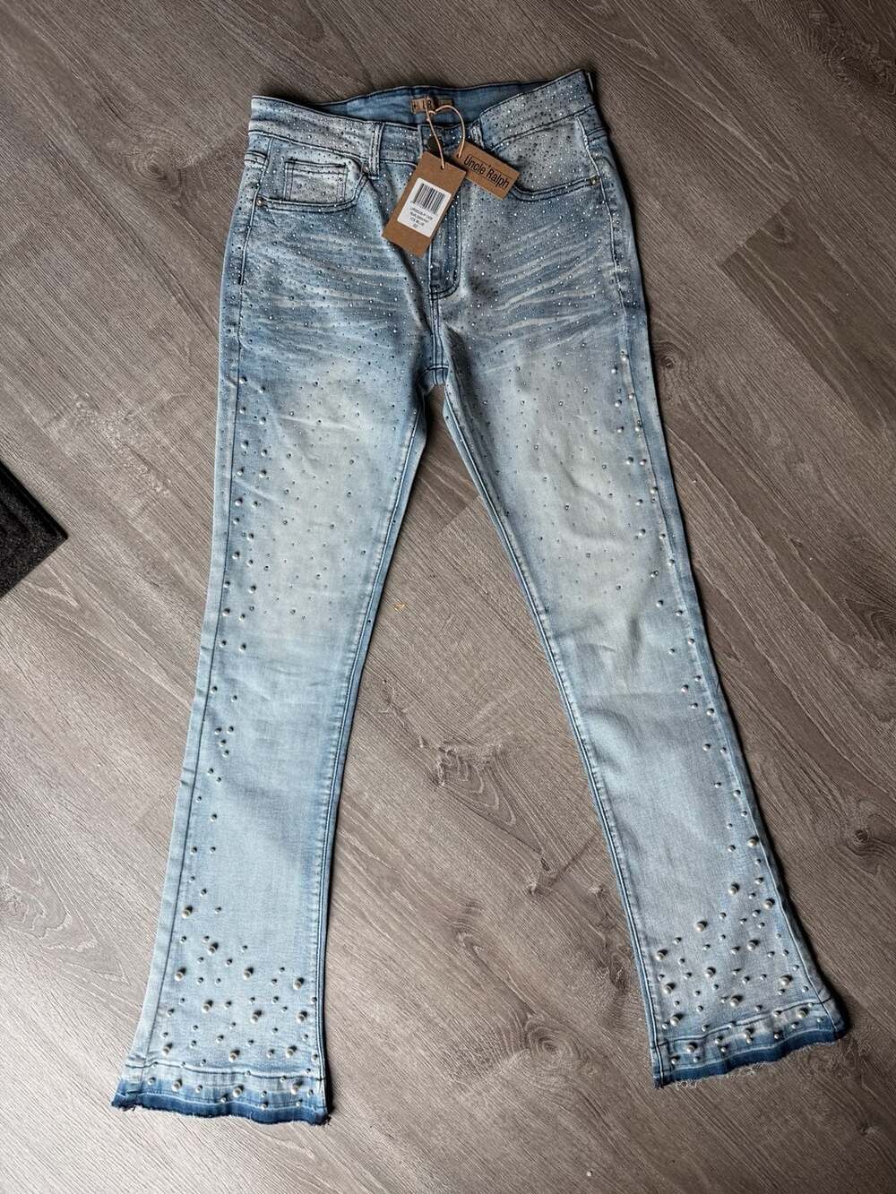 Uncle Ralph Pearl Denim Pant Ice Blue Size 32 Rhinestone Embellished Jeans